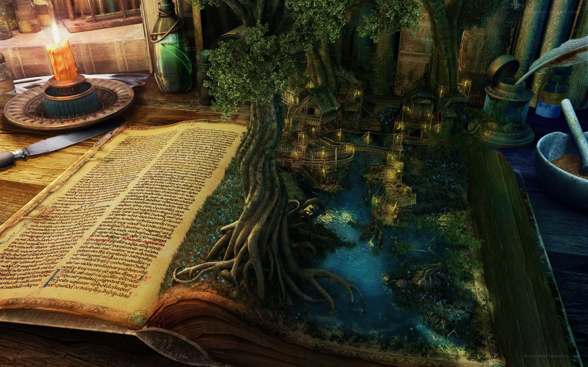 book with magical forest scene
