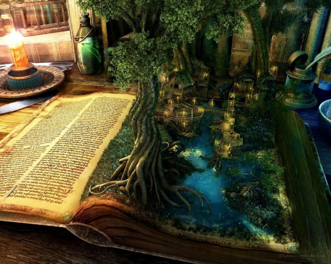 book with magical forest scene
