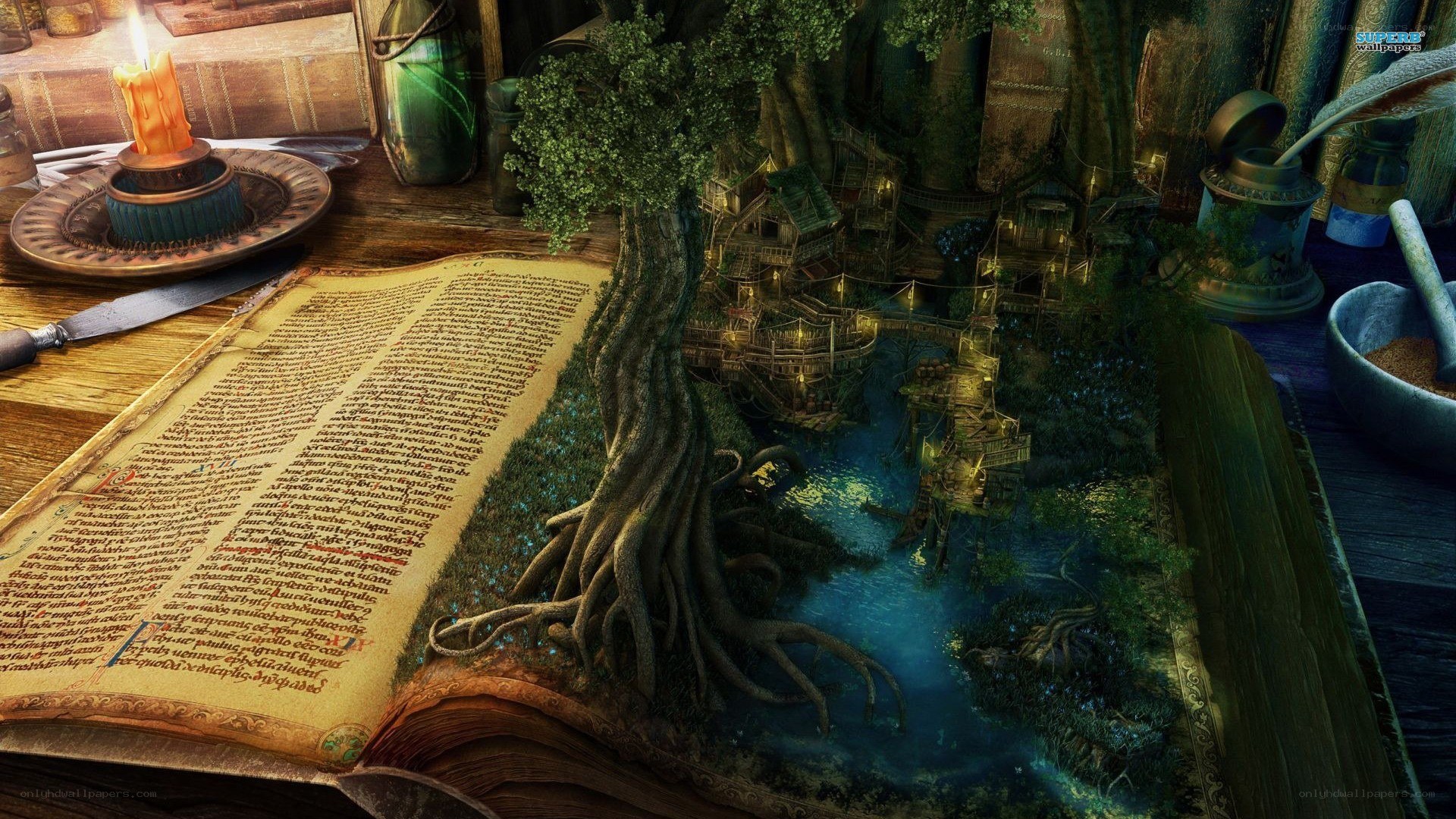 book with magical forest scene