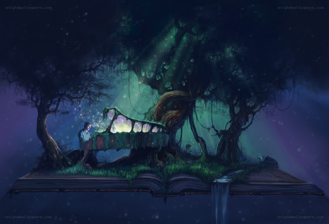 book with magical forest scene