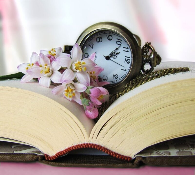 Book with Pocket Watch and Flowers