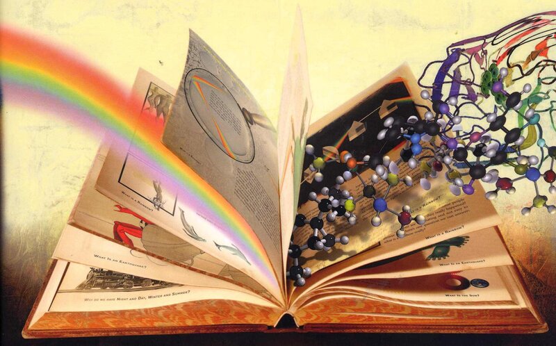 book with rainbow and molecules
