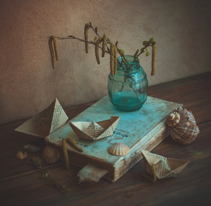 Book with Shells and Paper Boats