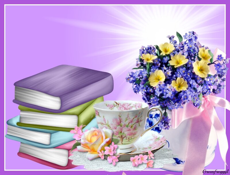 Books and Flowers on Table — Purple