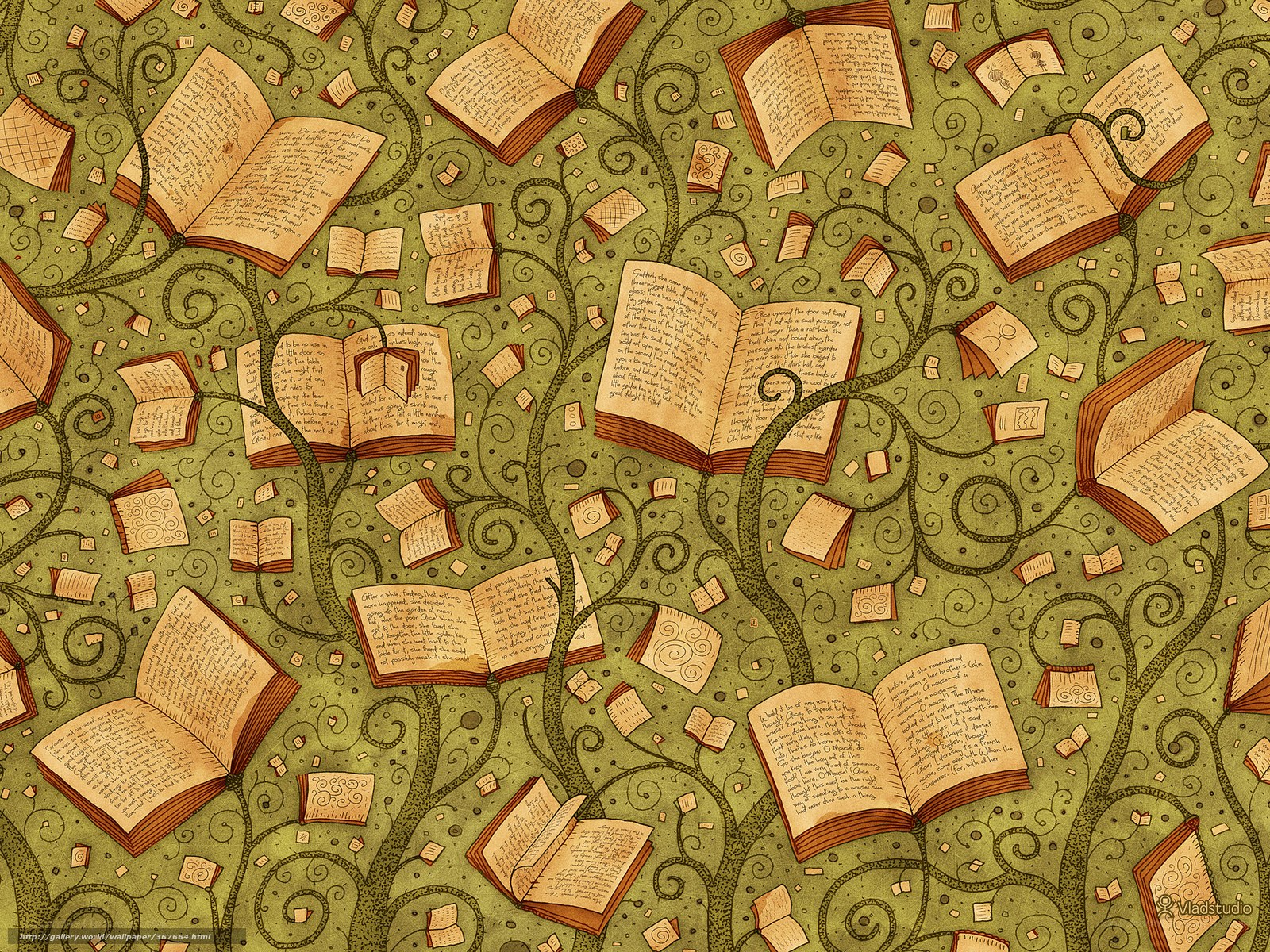 books floating in a vine pattern