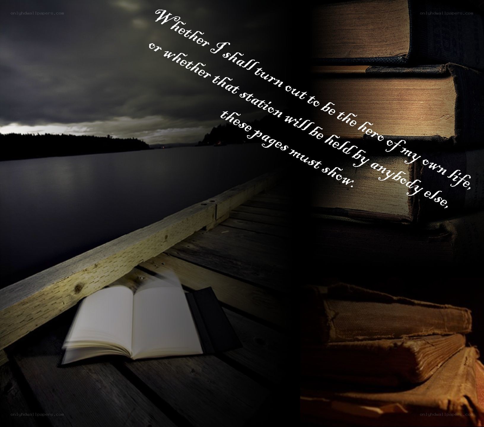 Books on a dock at dusk