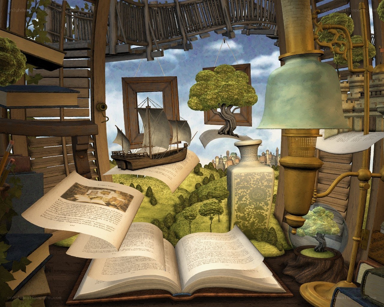 bookshelf fantasy landscape