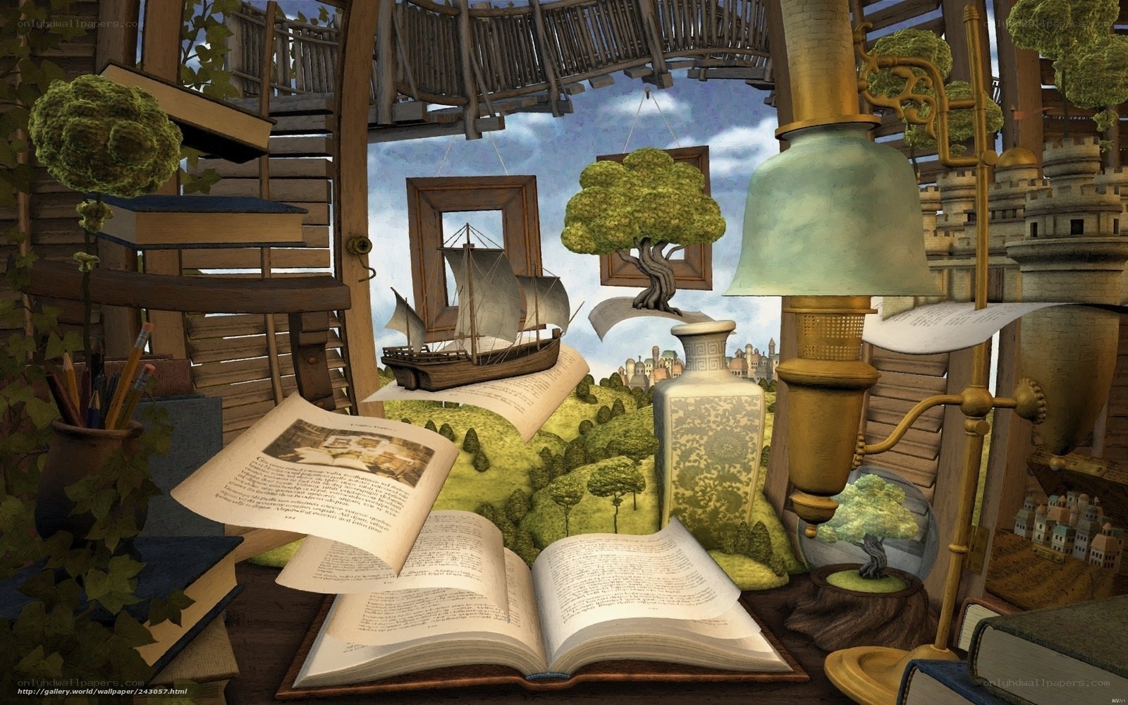 bookshelf fantasy landscape