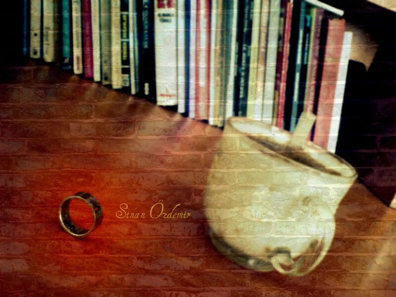 Bookshelf with cup and ring