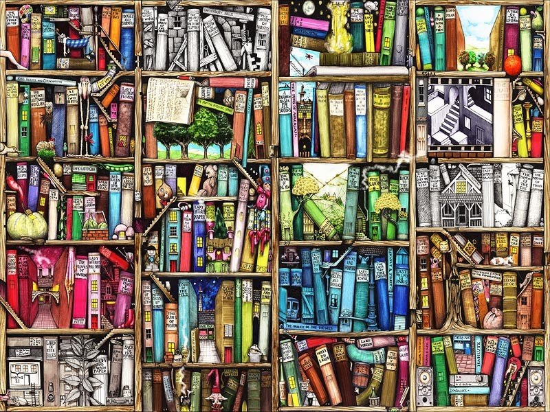 bookshelf with magical books