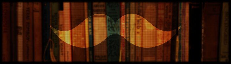 bookshelf with mustache overlay