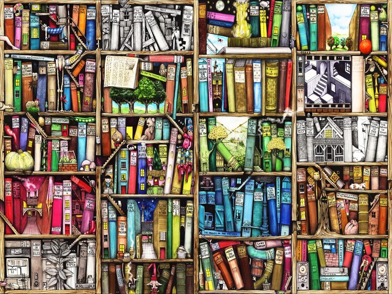 Bookshelf with whimsical illustrations