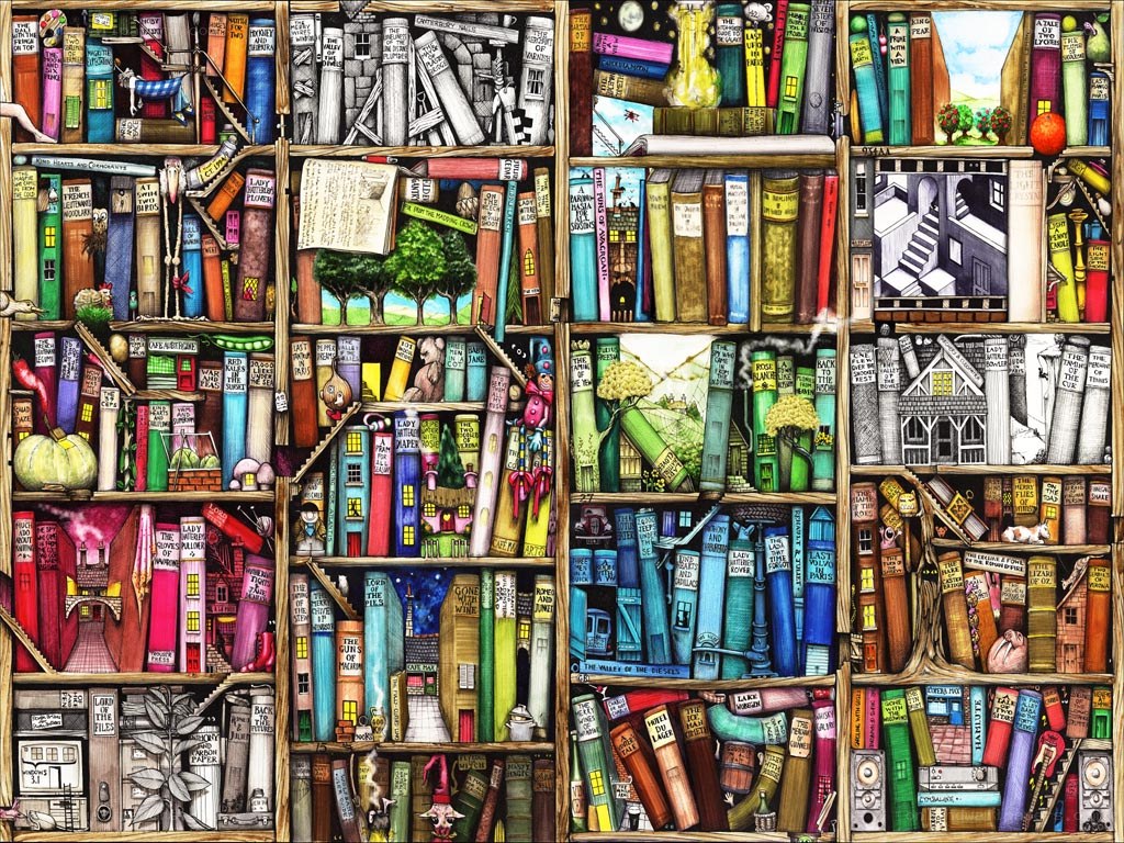 Bookshelf with whimsical illustrations