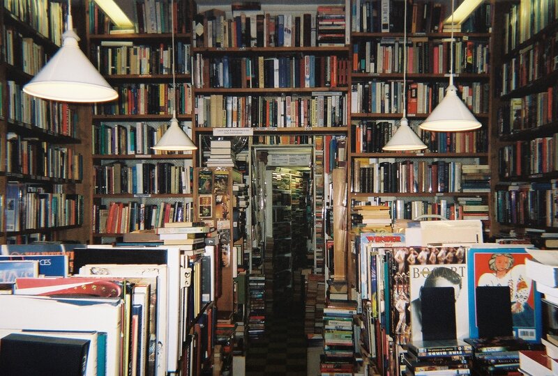 bookstore aisle with hanging lights