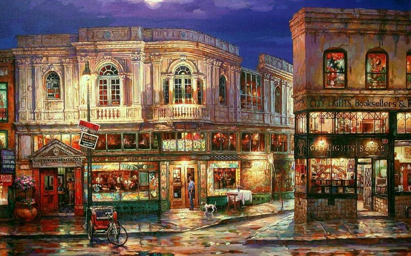 Bookstore on Wet Street — Purple, Dramatic