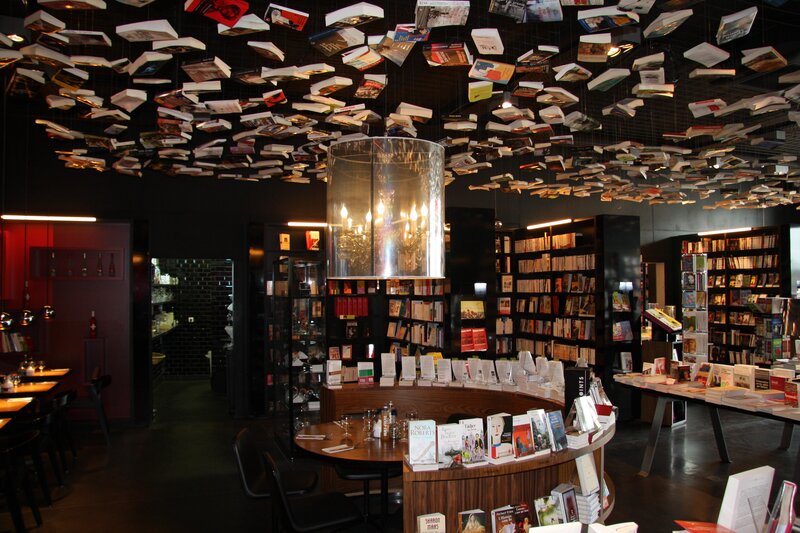 Bookstore with books hanging from ceiling