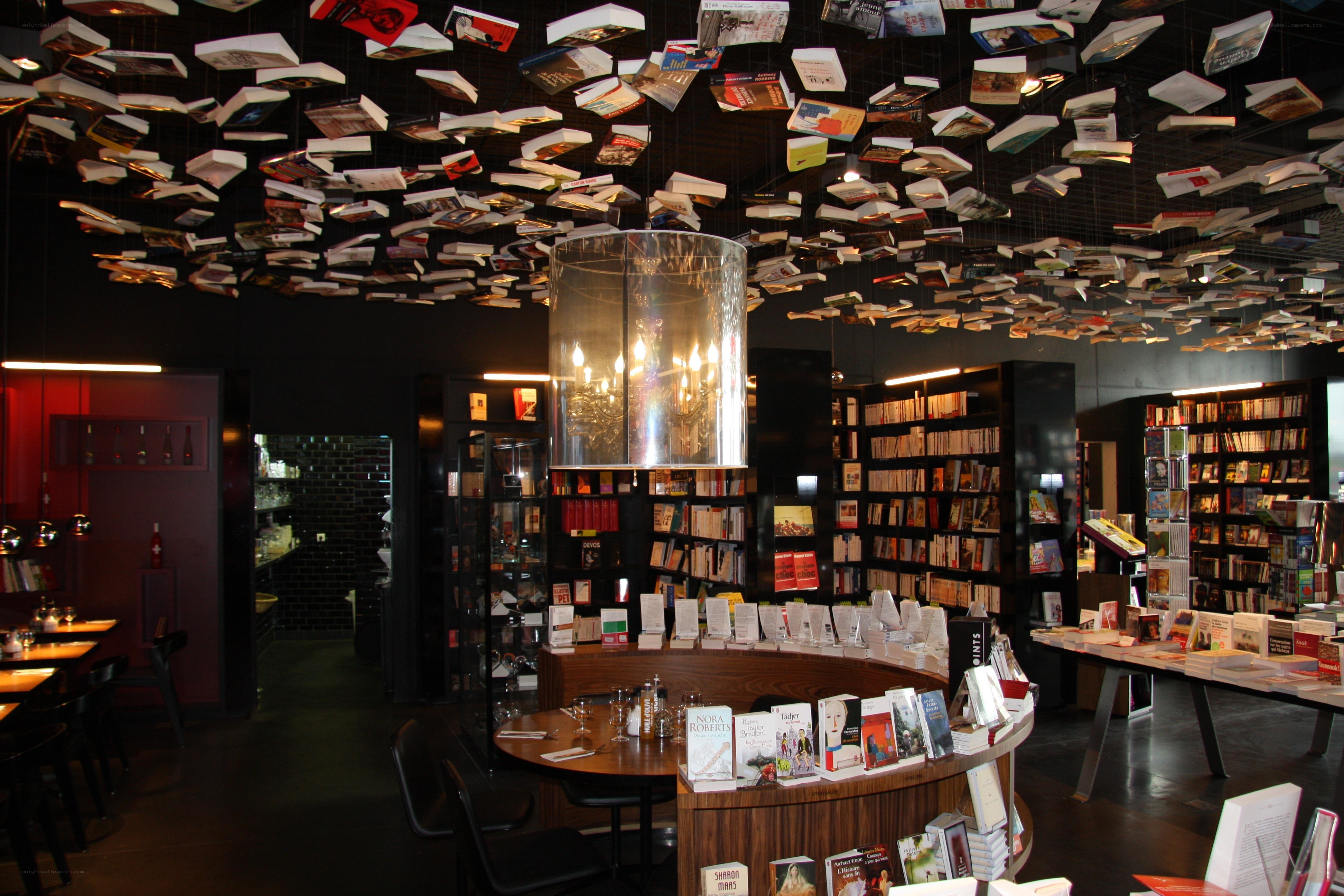 Bookstore with books hanging from ceiling