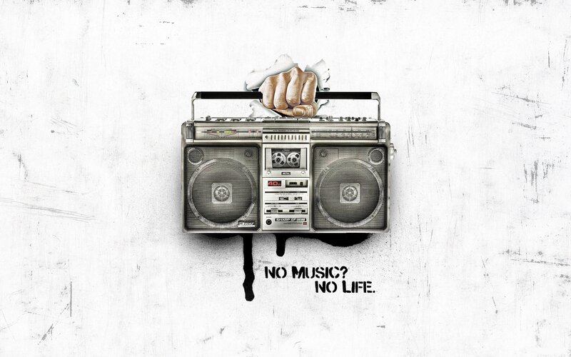 Boombox with fist and slogan