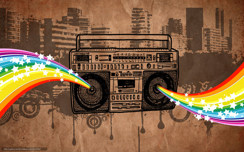 Boombox with rainbow waves