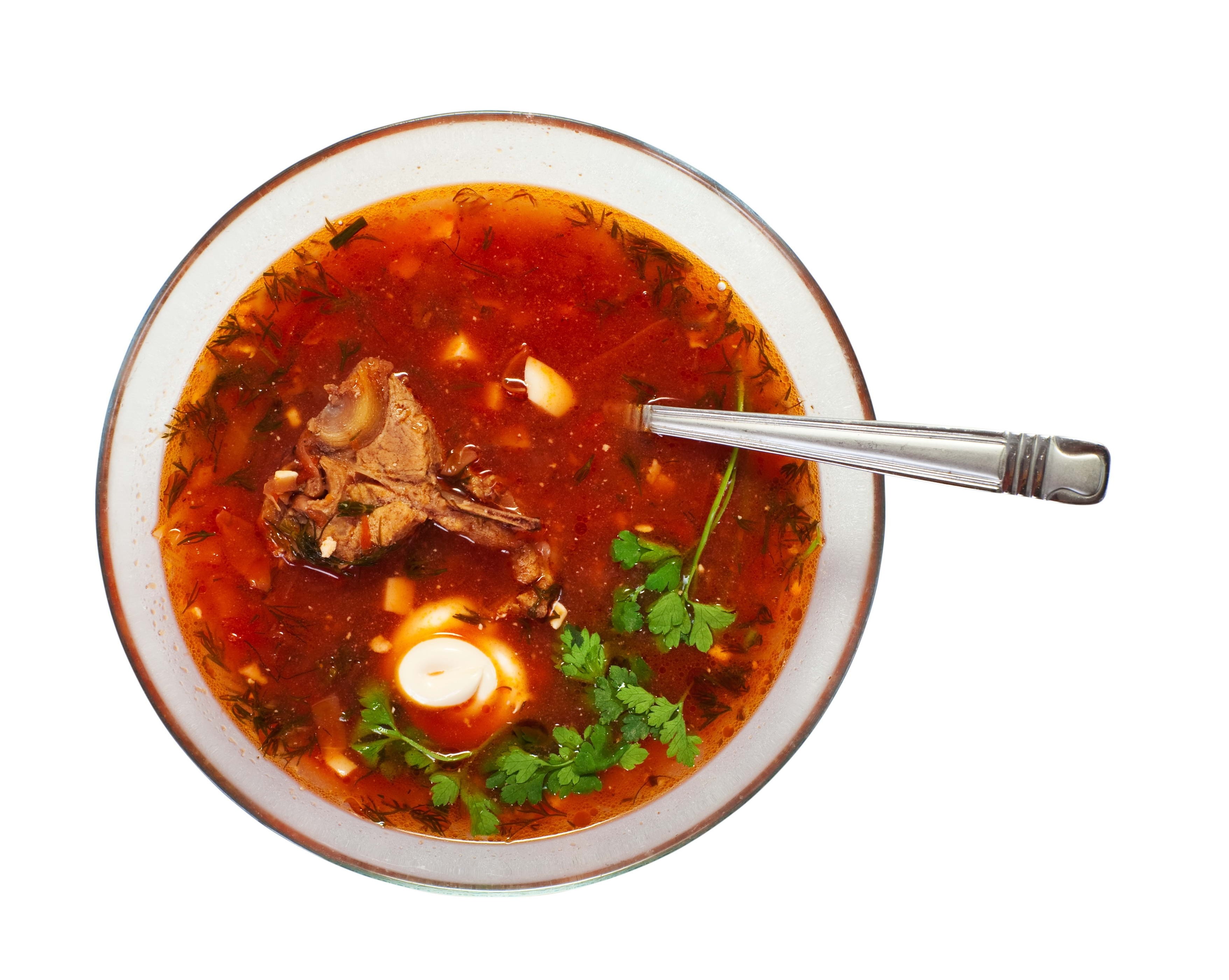 Borscht soup with meat and herbs