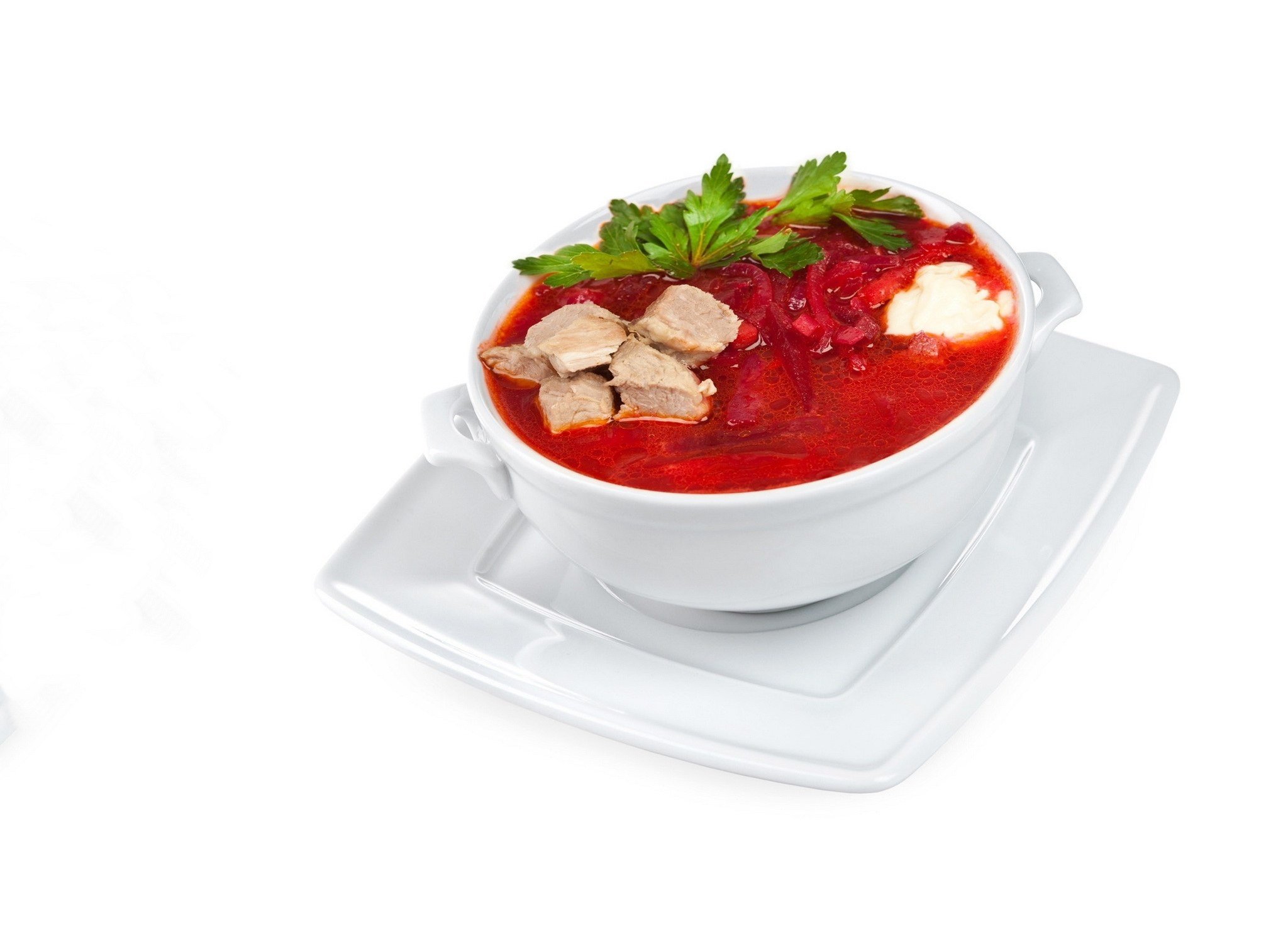 Borscht soup with meat and sour cream