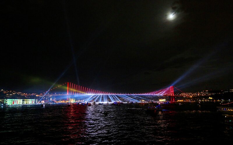 Bosphorus Bridge at Night — Black, Dramatic, Photograph, Moon