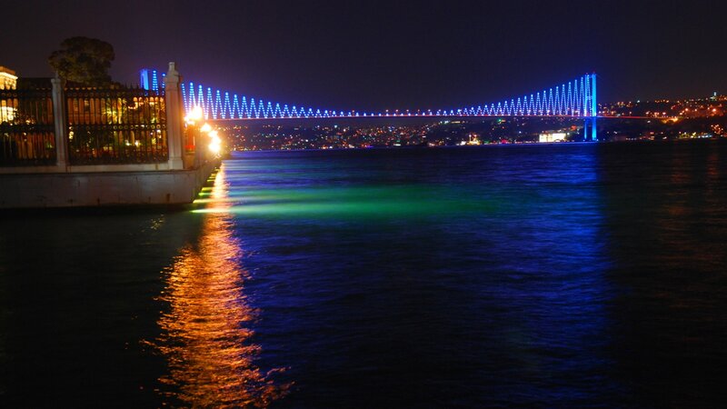 Bosphorus Bridge at Night — Blue, Dramatic, Photograph, City Lights, Water, Fence