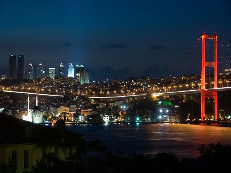 Bosphorus Bridge at Night — Blue, Dramatic, Photograph, City Skyline