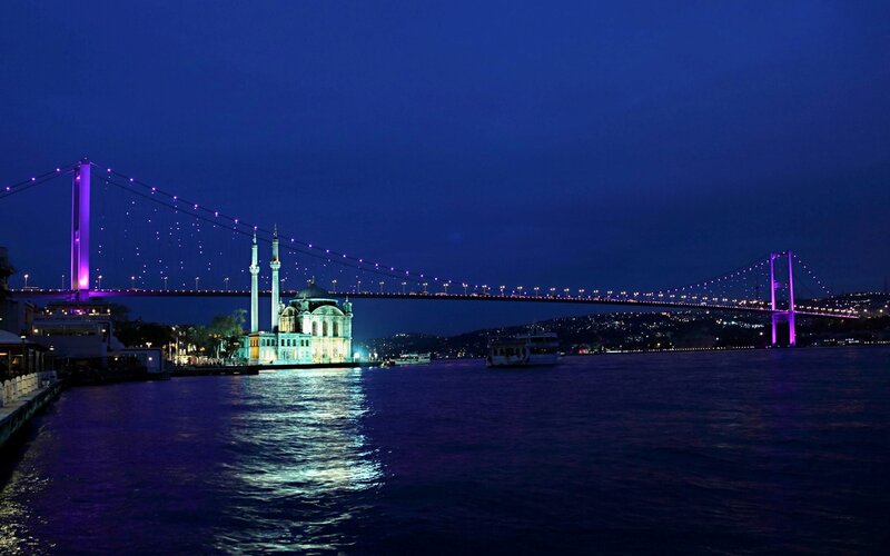 Bosphorus Bridge at Night — Blue, Serene, Photograph, Mosque