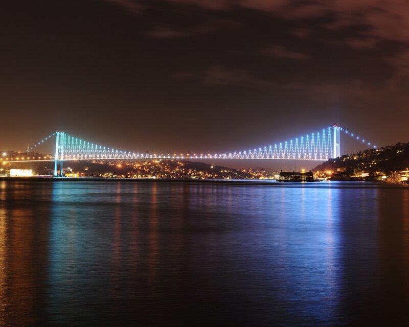 Bosphorus Bridge at Night — Blue, Serene, Photograph