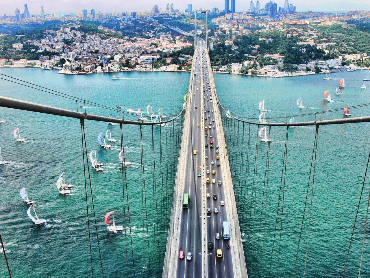 Bosphorus Bridge with sailboats