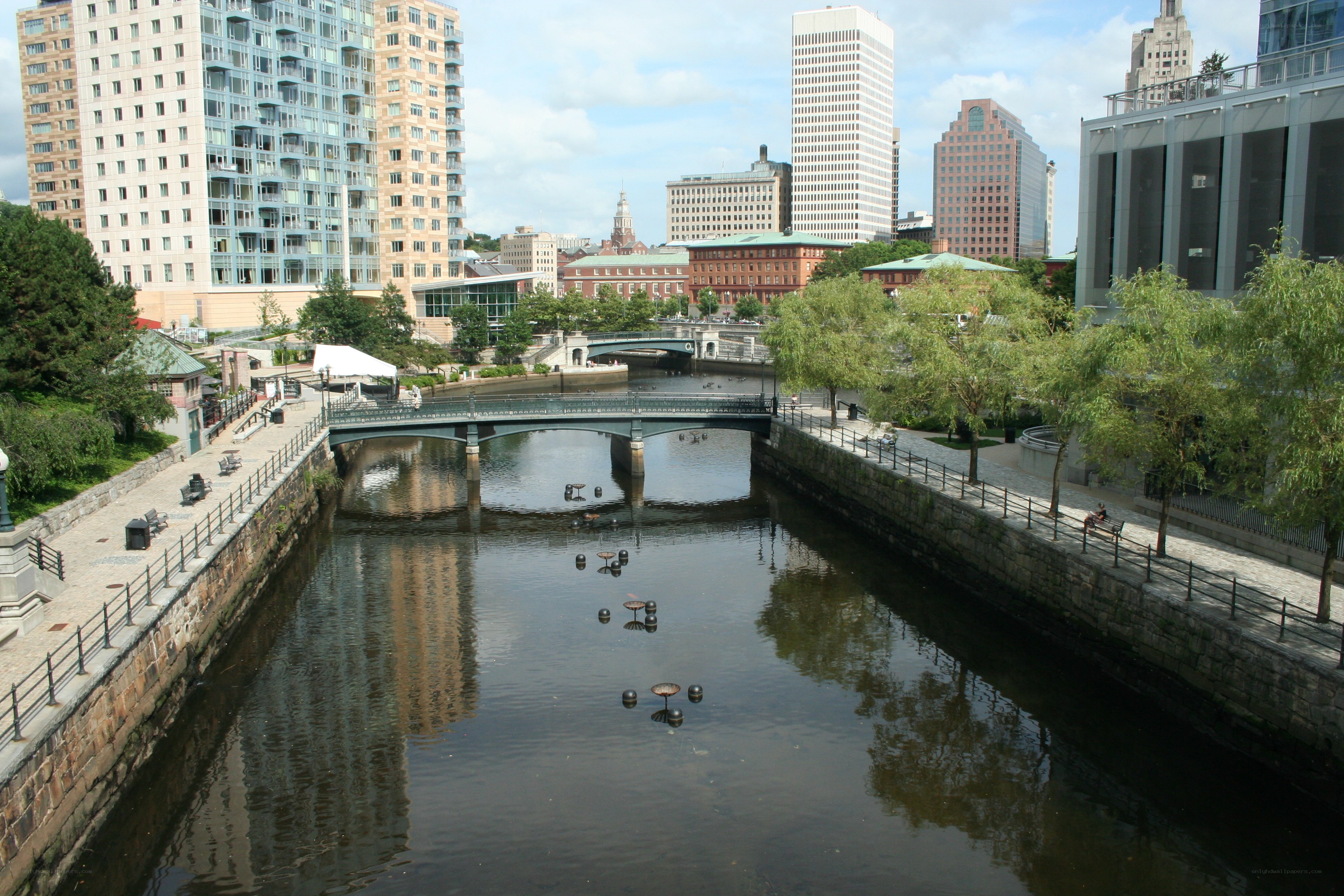 Boston canal with city skyline