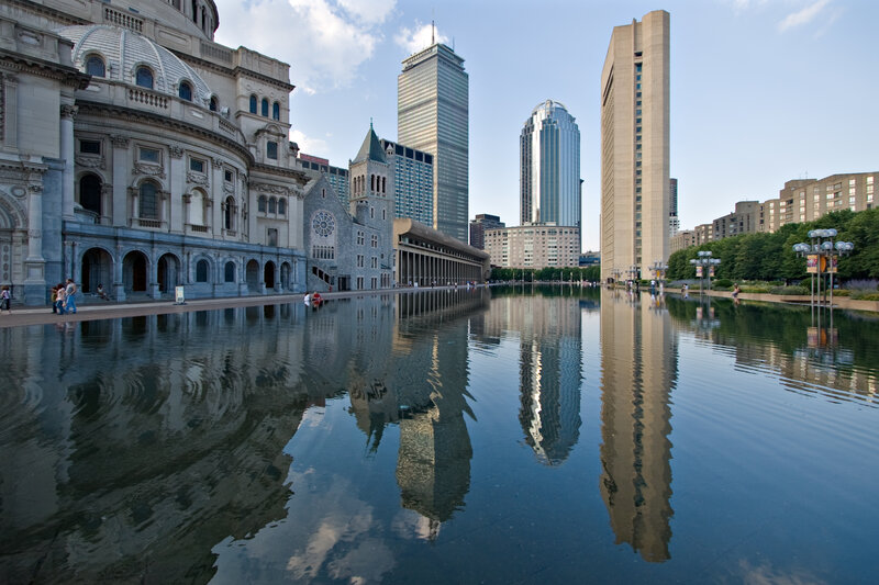 Boston cityscape with reflecting pool
