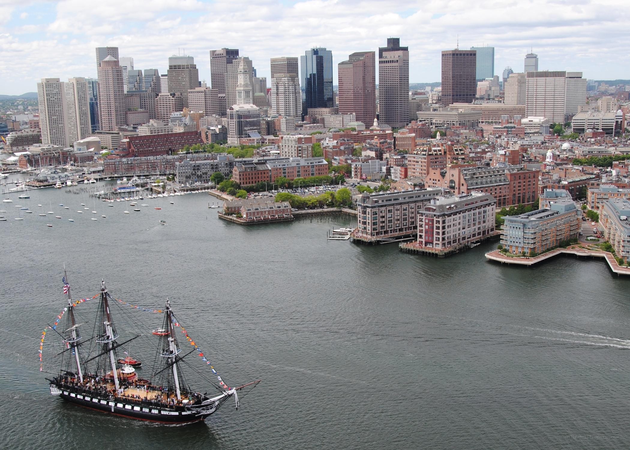 Boston harbor with historic ship