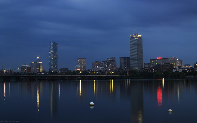 Boston Skyline at Dusk — Blue, Calm, Night, Photograph, Buildings, River