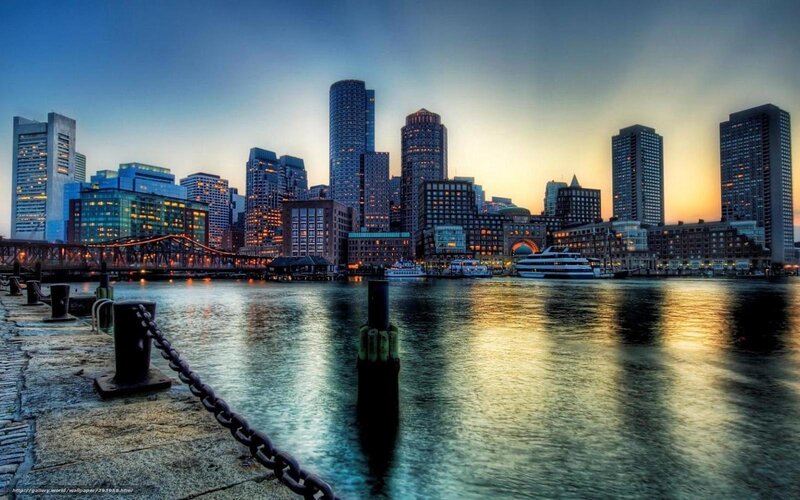 Boston Skyline at Dusk — Blue, Dramatic, Sunset, Photograph, Skyscraper, Bridge