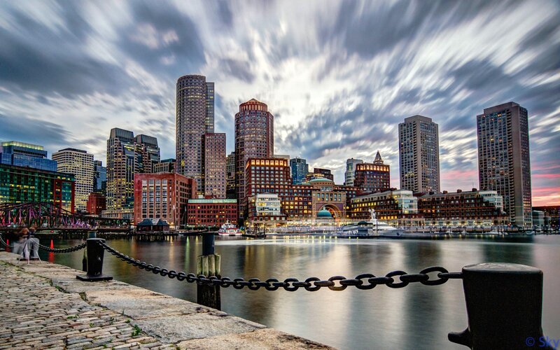 Boston Skyline at Dusk — Blue, Dramatic, Sunset, Photograph, Skyscraper, Harbor