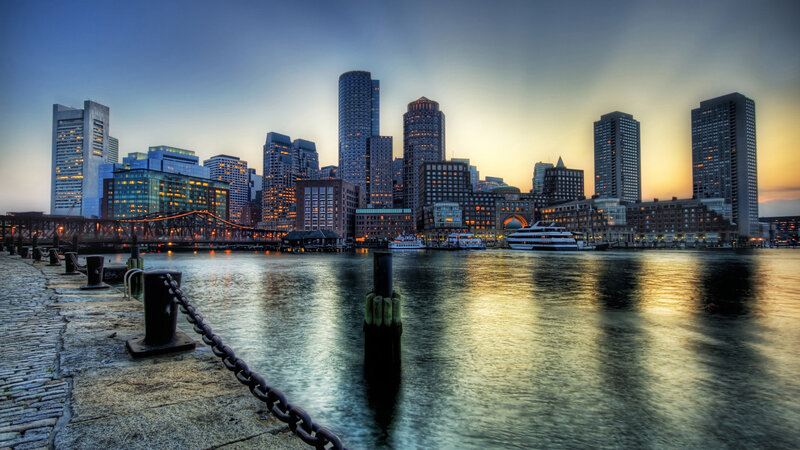 Boston Skyline at Dusk — Blue, Dramatic, Sunset, Photograph, Skyscraper