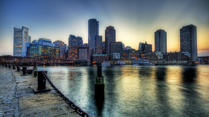 Boston Skyline at Dusk — Blue, Dramatic, Sunset, Photograph
