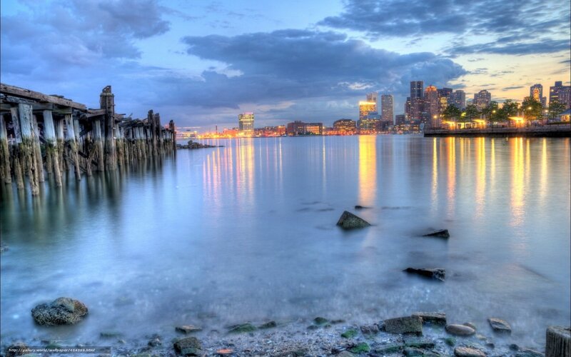 Boston Skyline at Dusk — Blue, Serene, Sunset, Photograph, Cityscape, Pier