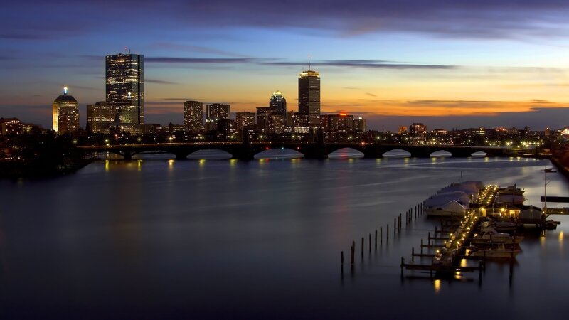 Boston Skyline at Dusk — Blue, Serene, Sunset, Photograph, River, Bridge, Marina