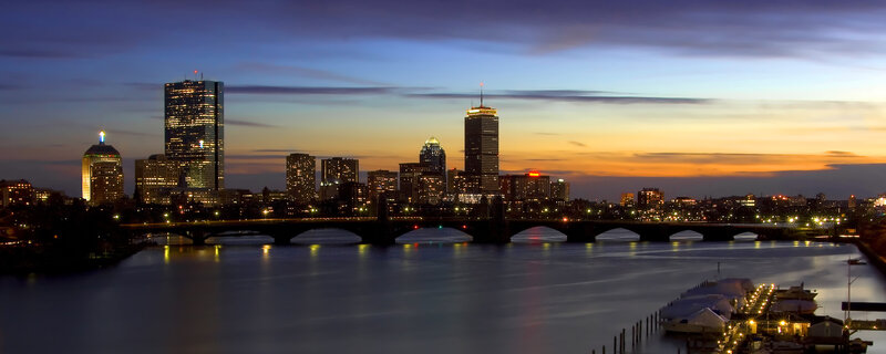 Boston Skyline at Dusk — Blue, Serene, Sunset, Photograph, River, Bridge, Skyscrapers