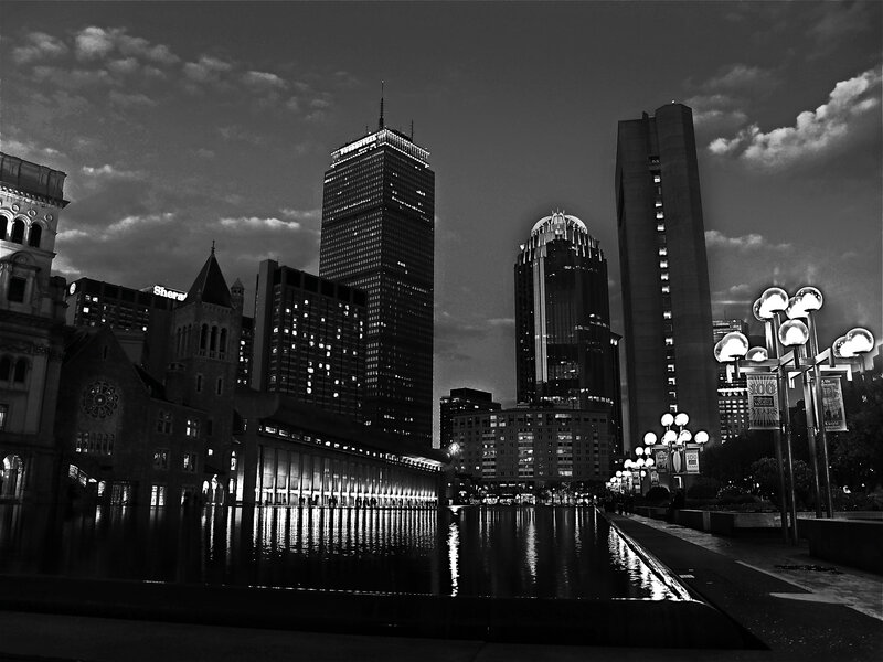 Boston Skyline at Night — Black, Dramatic, Photograph, Skyscrapers, Fountain