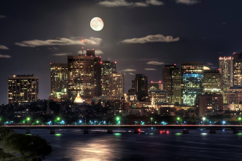 Boston Skyline at Night — Black, Dramatic, Photograph