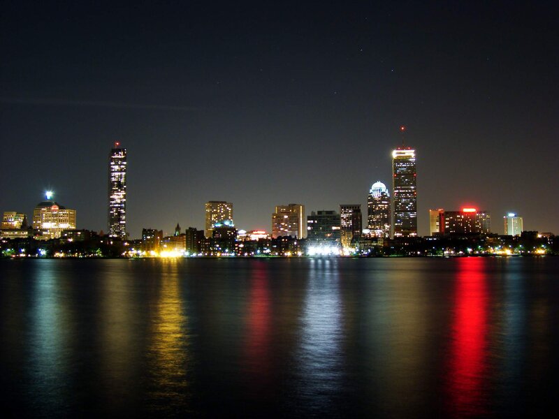 Boston Skyline at Night — Black, Serene, Photograph