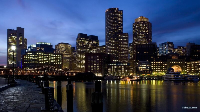 Boston Skyline at Night — Blue, Calm, Photograph, Buildings, Bridge, Water, Yellow, Black