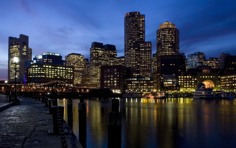 Boston Skyline at Night — Blue, Calm, Photograph, Buildings, River