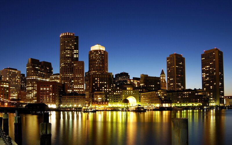 Boston Skyline at Night — Blue, Calm, Photograph, Buildings, Water, Sky