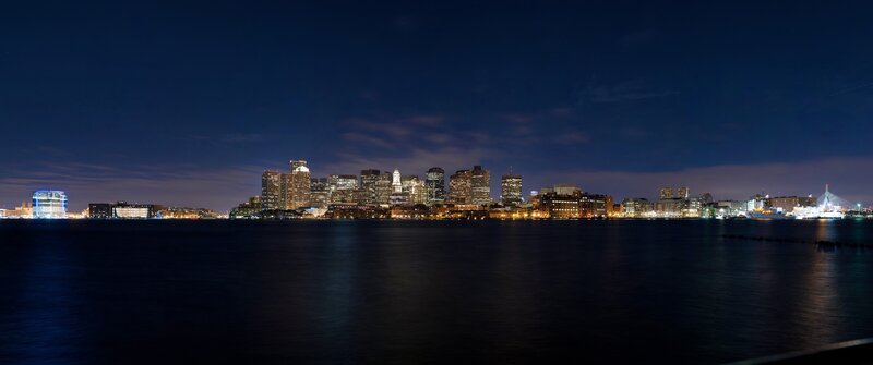 Boston Skyline at Night — Blue, Calm, Photograph, Buildings, Water