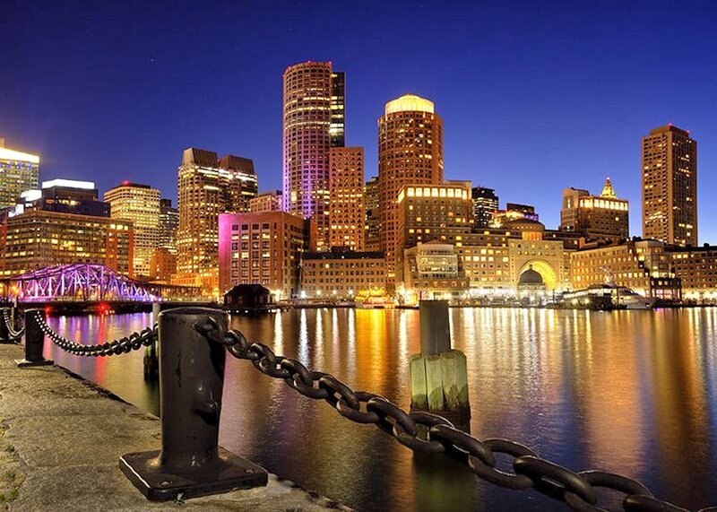 Boston Skyline at Night — Blue, Calm, Photograph, River